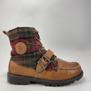 Polo Ralph Lauren Ranger High Boots Boys Size 4 Brown Leather Wool Plaid Moc Toe